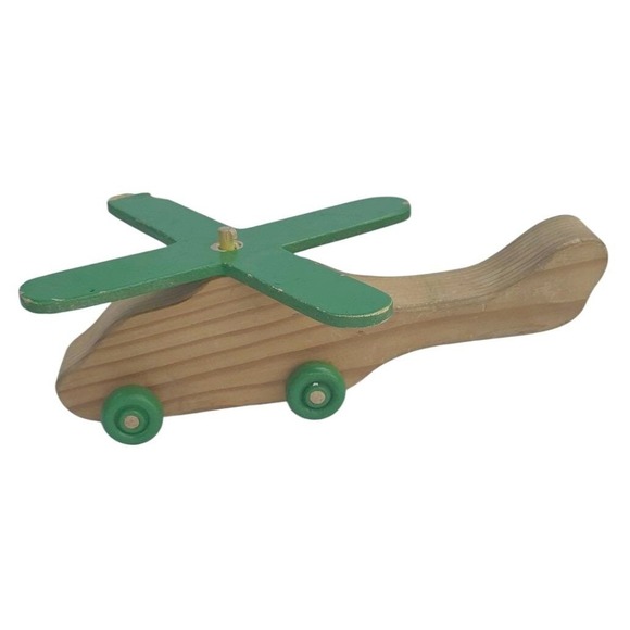 Unbranded Other - Vintage Wooden Toy Helicopter Green Blades Rolling Wheels Natural Wood no sliver